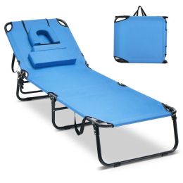 Beach Chaise Lounge Chair with Face Hole and Removable Pillow (Color: Blue)