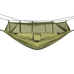 600lbs Load 2 Persons Hammock with Mosquito Net Outdoor Hiking Camping Hammock Portable Nylon Swing Hanging Bed (Color: Green)