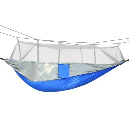 600lbs Load 2 Persons Hammock with Mosquito Net Outdoor Hiking Camping Hammock Portable Nylon Swing Hanging Bed (Color: grey)